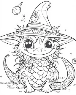 coloring pages for kids, semi-cartoon motif of a little dragon character, witch hat, white background, anime, illustration, dark fantasy, painting, cartoon style, thick lines, low detail, black and white, no shading, --ar 85:110