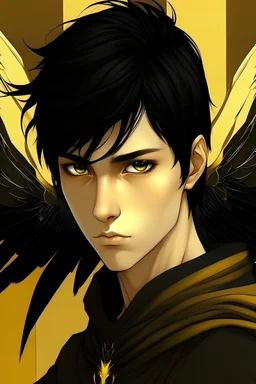 Make me an illustration of a 15-year-old boy with black wings, yellow-gold eyes, and black hair with a scar over the left eye.