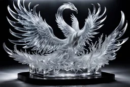 Insanely detailed ice sculpture transparent ice frozen phoenix frozen in crystal clear ice, , ice explosion twisting Turning, swirling twirling ice sculpture, clear crystal ice