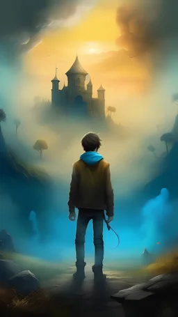 create a beautiful cover Illustrated paint, drawing paint a a 15 years old young man standing surrounded by fogs , epic adventure, fantasy background design with effects, Illustrated paint art, Paint art, Cartoon Illustration, daylight, medieval, epic fantasy, surrounded by fogs, medieval