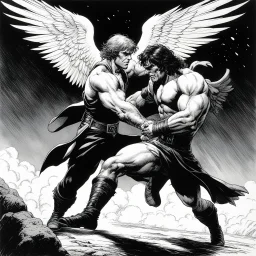 [comic book art by Sam Keith and Bernie Wrightson] Jacob wrestling with angel