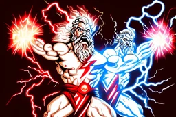A detailed illustration of Zeus holding two lightnings in front of himself. Portret. He is moving the lightnings to gether to form a Z. One lightning is red and the other one is white. He is moving them together and there are flashes of lightning exploding from his powerfull move. The lightning is in the shape of half the letter Z. The red half is the top half, the white half is the bottom half.