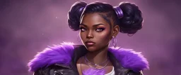 arcane tv show style, league of legends, solo, 1girl, attractive teenager, african, dark skin, dark-brown eyes, black hair, pair buns, (violet strand in forehead bang), necklace, earrings, modern makeup, (detailed skin texture), old leather jacket with violet fur collar, oversized torn t-shirt with half-erased unknown music group logo, You can see through the wide holes in the t-shirt her acid-green sport top, dark background, bokeh, cinematic atmosphere