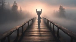 walking straight ahead over a wooden bridge, holding the angel of death with your right hand, entering the fog at the end of the road that leads to the afterlife, a stream from the mountains flows from the right and left, and a beautiful sunset behind the fog, realistic