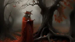 In the fall season of reds and oranges, the hero realizes that there is a deeper and more complex mystery surrounding the witch. At that moment, the tree leaves flutter in the air, as if predicting a new phase of challenges and secrets. The mist parted from the ground to reveal the witch standing high, her face bearing traces of time and ancient ambition. The dim light glowed around her, exposed as a queen in her own throne. The witch wears mysterious clothes that harmonize with the changing co