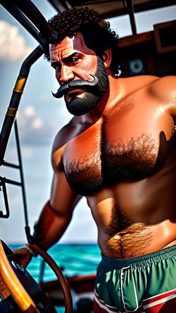 Turkish helmsman drives a fishing boat holding the helm, burly, strong beefy, in undershirt and boxer shorts, 42 years old, moustache, short beard, curly hair, in tank top and boxer shorts, photorealistic, view from the bottom, ambient occlusion, sunlight