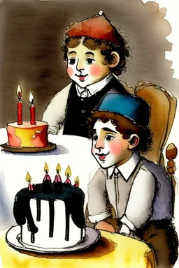 A cute smiling jewish boy dressed black trousers white shirt, wearing a kippah. Boy and lion are sitting at a table with a birthday cake. Watercolour