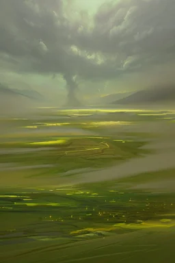 Oil painting, a vast green village where rain falls and turns anything it touches into gold