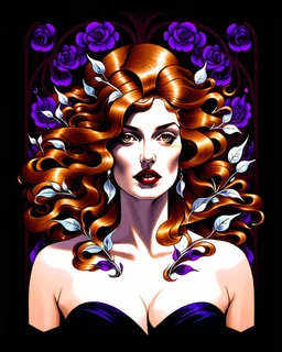 stunning Art Nouveau illustration depicts "," a powerful sorceress with cascading, wavy purplish hair interwoven with coppery tresses framing her face and adorned with delicate silver leaves. Her dramatic features include full, flaming lips and intensely beautiful brown eyes that convey ancient wisdom and command, angled slightly upward in a knowing gaze, and she is positioned according to the one-third rule composition. Behind her, a backdrop of swirling, stylized floral patterns in deep jewel
