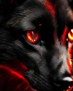 A captivating close-up image of a black wolf's eye, glowing bright red and filled with intense, wild intensity. The eye is framed by the wolf's black fur, and a sense of wild, untamed nature radiates from it. The overall atmosphere is mysterious and evokes a feeling of wild nature.