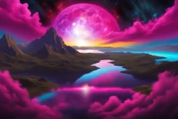 fushsia sky, planet in the sky, lake, sci-fi, mountains, galactic cosmic influence