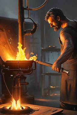 Close view of dirty blacksmith with Leather apron, a man holding he's forearm, the blacksmith is burning the Bitcoin logo with an branding iron onto the arm of a screaming man, hot oven in background, dirty room, 8k, super realistic, very detailed, eary feeling, emphasis on the logo