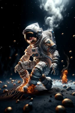 astronaut with burning feet and a moon helmet gets epilepsy and starts to foam like a rock star portrait, photo-realistic, shot on Hasselblad h6d-400c, zeiss prime lens, bokeh like f/0.8, tilt-shift lens 8k, high detail, smooth render, down-light, unreal engine 5, cinema 4d, HDR, dust effect,, smoke