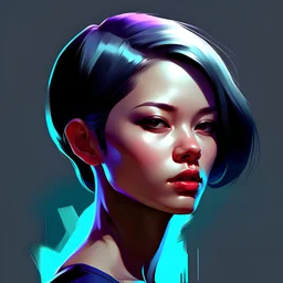 digital art minimal beautiful artistic asian girl bob medium hair head unreal engine brush strokes on hair