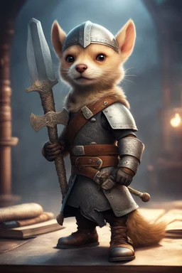 book illustration, portrait of cute fast historic strong viking weasel with viking gloves, helmet & boots holding ornate viking sword in fallout 4 setting, bokeh, downlight, prize winning, depth of field, in the style of ivo caprino