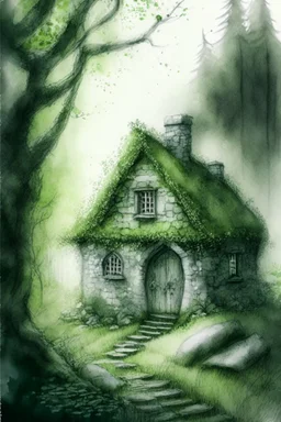 a small, moss covered, stone cottage in a clearing in the woods elegant pencil sketch digital painting extremely detailed very attractive dynamic lighting award winning fantastic view crisp quality