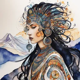 random watercolor Zentangle patterns in the styles of Gustav Klimt ,Wassily Kandinsky, Alphonse Mucha, and Kay Nielsen that depicts a female tribal shaman with highly refined facial features, atop a high Rocky Mountain plateau , with fine ink outlining