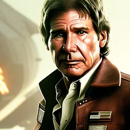 portrait of harrison ford as captain han solo, brown eyes, with realistic and extrem light facial skin, cinematic lighting, photorealistic, volumetric light and shadow, hyper HD, octane render, unreal engine, insanely detailed and intricate, hyper-realistic, space background, watercolour on white paper