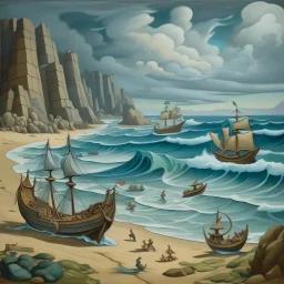 A grayish blue beach with pirate ships painted by Thomas Hart Benton