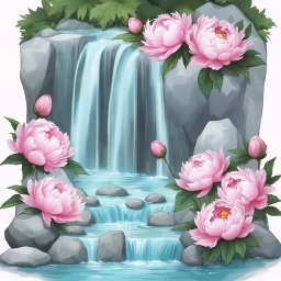 A waterfall with peonies and stones all around not only bright to remove