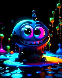 pixar 3d animation style, ((happy)), fluid form, ink drizzle, adorable and cute, photorealistic cg, 3D concept art, bright, fantastical black colour background, playful, soft smooth lighting, white cartoon eyes, highly detailed, stylised and expressive, sharp, wildly imaginative, skottie young, bold, colourful, neon graffiti, dark pop surrealism, rainbow coloured sprinkles, rainbow coloured pop candy, chocolate toppings, smooth texture, cgsociety, Maya render