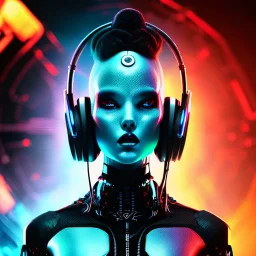 avatar portrait cute cyber alien Figure in a provocative pose,wearing headphones, Raw, gritty, Gothic,, flyer design, Dark reds and blacks, bright, bloody red , background that suggests violence and chaos, flyer design, 3D vector art, Defiant, rebellious, aggressive, fantasy art, watercolor effect, bokeh, Adobe Illustrator, hand-drawn, digital painting, low-poly, soft lighting, bird's-eye view, retro aesthetic, focused on the character