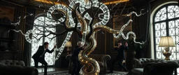 Some well dressed goths fighting to contain energy from floating chtonian glowing snakelike transparent moist tree made by twisted snakelike sticks creating weird geometric form in dramatic scene in luxury parlour in the style of Giger and Escher