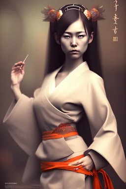 Perfect japanese hitomi tanaka face, geisha clothes, fullbody, intricate, highly detailed face, highly realistic, fog, fire, particles