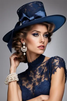 full body beautiful girl, elegant blue lace clothes of the 80s, luxury style, small elegant hat with feather, hair of the 80s, pearl necklace, earrings masterful, beautiful face