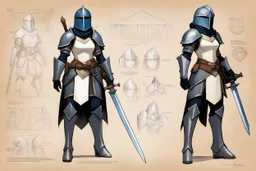 ConceptSheet blueprint [illustration by Angus McBride] female sand paladin Loadout Concept: helmet, armour, and weapons with their blueprint: zweihander sword, and all the package of a knight