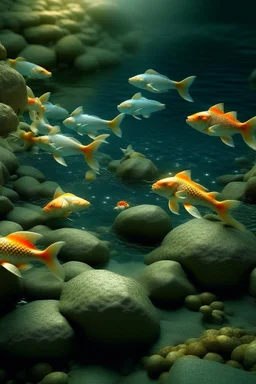 Generate an image of fishes who are in water with beutiful stone and water