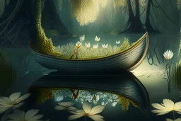 narcissus in boat, in forest by lake, book illustration, fine detail, 4k, trending, volumetric light, depth of field