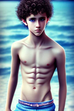 beautiful 12 year old arabic boy with curly hair and light blue eyes, shirtless