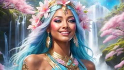 Photo realistic portrait of a gorgeous smiling skinny polynesian goddess with a golden dark shining skin, long smooth clear turquoise blue and pink white hair, blue eyes, in a sci-fi outfit with luminous strikes blowing a kiss in a hill of flowers with sakura trees, a waterfall, a crystal palace, loads of mini flowers, moss, sun rays through the branches, particles in the air at spring. Intricated details,