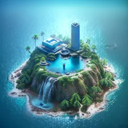 The Isometric Glass Tall Box Mini Model Little Real Island shape smooth Mixed Water Fall Under Ocean Sunshine Summer Background Blue Sea, The Last Of Us / Avatar, Octane Render / ZBrush, Cinematic, IMAX Film, Nikon D750, 16K, Autostereoscopy, Anthropomorphic, Golden Ratio, Geometry, Symmetric, Depth Of Field, Highly Detailed, Ultra Realistic, Beautiful Lighting, Halfrear Lighting, Soft Light, Candoluminescence, Cast Shadow, Reflective, Glow, Translucent, Normal Map, Carbonated --testp