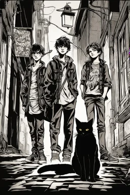 three teenage street children two boys and one punk girl in book-cover poses on the screen of an old town plus a black cat as a companion, dark graphic style