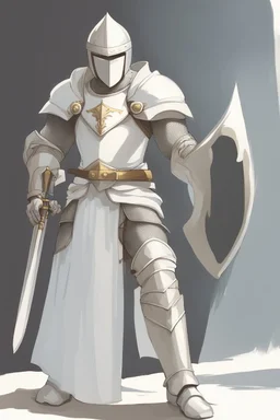 Knight wearing white armor and white cape with white helmet, holding sword and a shield