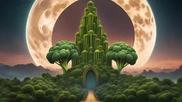A concept art broccoli moon that looks like a happy origin head fractal broccoli above gothic lush andscape, chiaro scuro, intricate background musk HDR, 8k, epic colors, Baroque fantasy surrealism, in the style of Johannes Vermeer, masterpiece, hyperrealism, extreme details