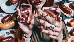 lady with with sausages as hands getting her iphone11 all full of dirty finger residue