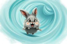 cute dust bunny fizzgig being swept into a magical wind vortex, fluffy gray fur, detailed fur texture, oversized expressive eyes, open mouth panic surprised expression, dynamic diagonal motion pose, limbs reaching forward, body tilted in perspective, sense of speed and motion, flowing translucent teal and aqua wind ribbons, spiraling air currents forming a curved arc, soft tornado funnel in the top corner, painterly semi-transparent wind
