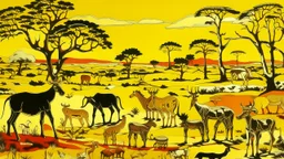 An orangish yellow savanna near a Karoo with animals designed in African pottery painted by Andy Warhol