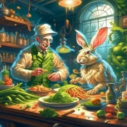 portrait of crazy scientist and army officer irradiating food inside grove with huge fluffy hare in the style of Escher, 4 k, down-light, soft light, depth of field, photo realism, trending on art station, high detail, spray paint