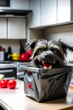 Scary packet of garbage with paws, wide smile and red eyes waiting at the kitchen