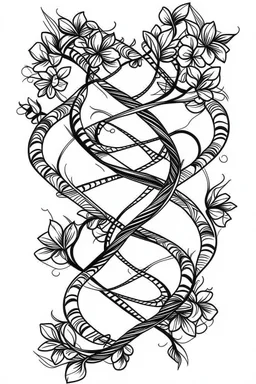 dna with flowers idea, line art, background, vector, svg, black outline on white background, leave plenty of white space beetween lines for coloring, tattoo style, tattoo idea,full body, minimalist