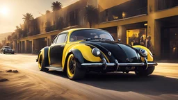 super sport car, concept art, black an yellow, volks wagen beetle influence, nice paint, sport sponsors, number 9, rude, duty, briliant, perfect painted, shinning, lights on, black glasses, intrincate details, high definition picture, 3/4 angle, on desertic street.