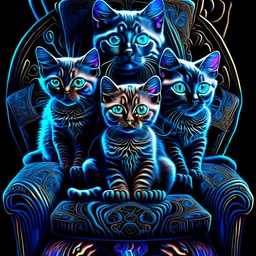 A cat with blue eyes is sitting on an armchair and next to her are three sweet and beautiful kittens against a black background and they are all looking at the camera, computer graphics by Louis Wayne, Behans, psychedelic art, quantum wave racing, psychedelic, mystical