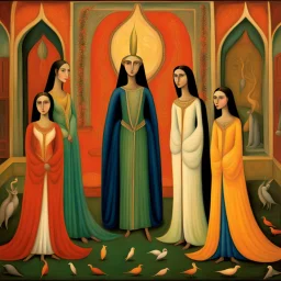 full_body:: young odalisques in magnificent robes:: in a Persian palace:: by artist "Leonora Carrington",by artist "Tarsila do Amaral":: Cinematic lighting with shadows emphasizing the character's determination:: eye_level perspective::