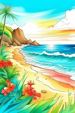 create colored cover paint,beach landscape ink with pencils coloring ,illustration design covers all the page,brilliant colors