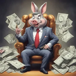 rich pig in suit on a throne making stacks of money by making a deal with a buisnessman. bugs bunny making sick beats in a background as he is known musician