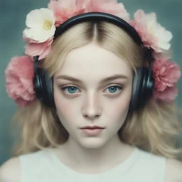 Futuristic Polaroid head shot of dakota fanning,she has freckles on her face, hair adorned with big flowers, red cheeks and nose, headphone